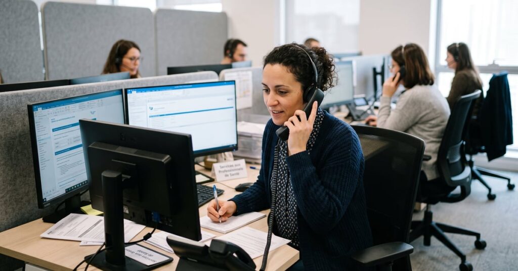 Professionnel de santé contactant la CPAM par téléphone depuis son cabinet médical