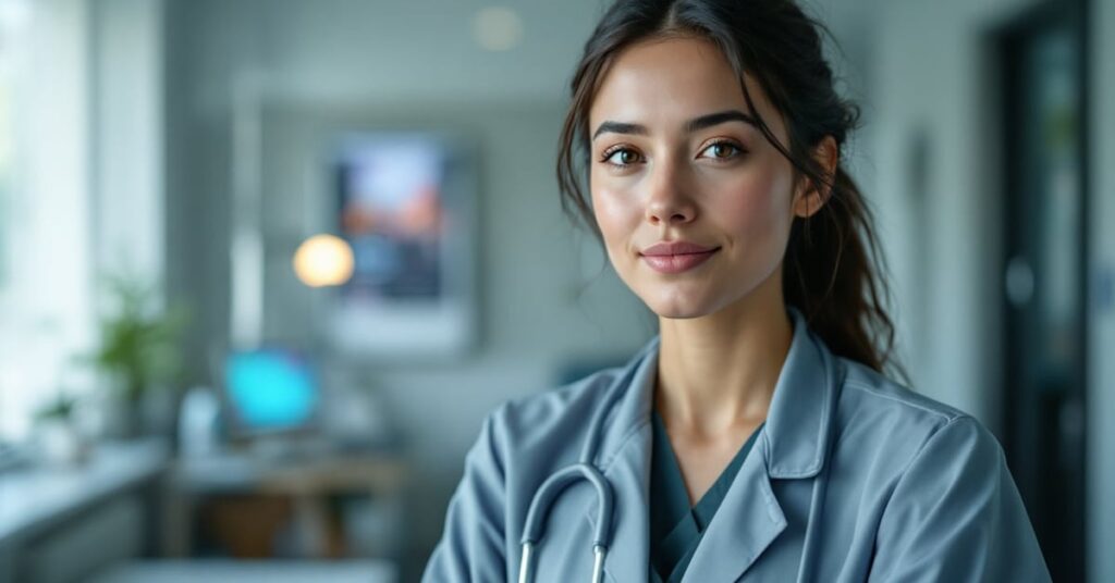 Infirmière consultant son numéro RPPS sur un document professionnel en milieu médical