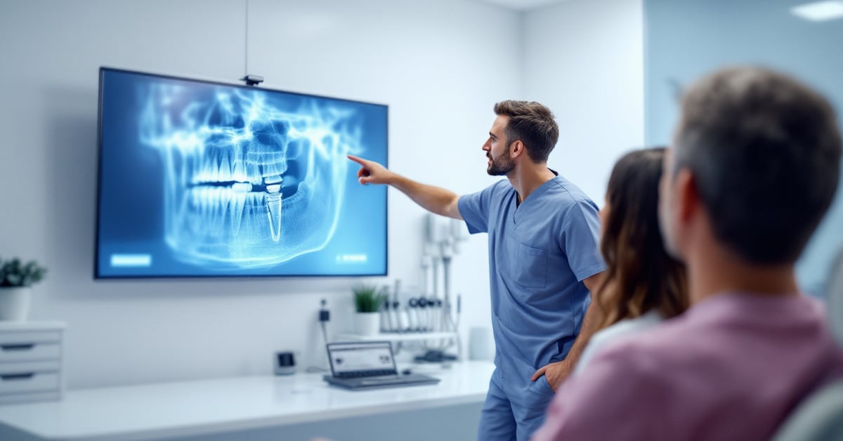 Praticien commentant une imagerie 3D de la machoire avec un implant dentaire planifie