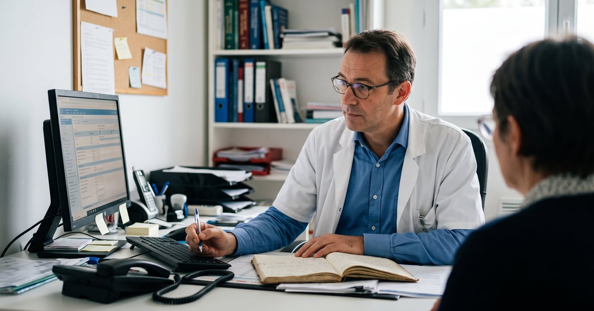Médecin généraliste consultant un dossier de cotation d'actes médicaux à son bureau