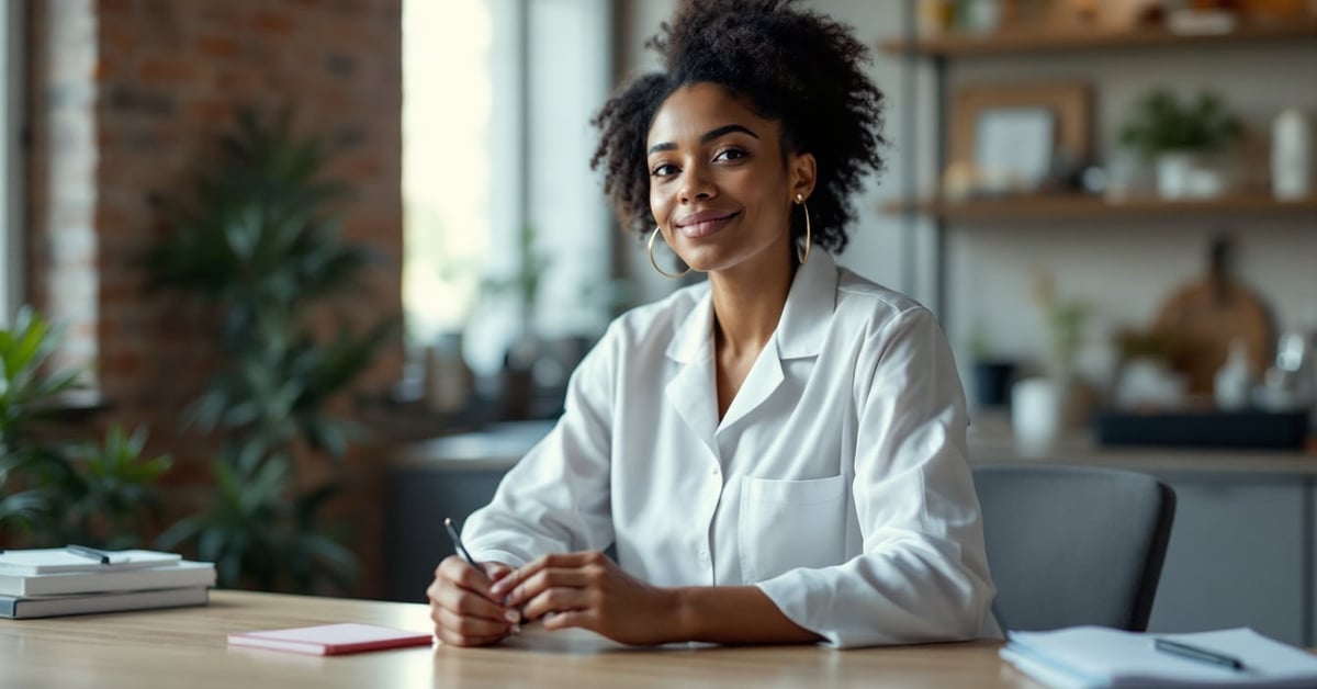 Femme médecin en blouse blanche, titre de docteure au féminin en milieu médical moderne