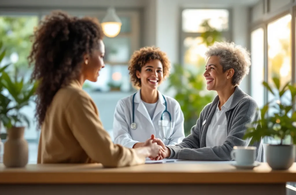 Une réceptionniste souriante accueille un patient au comptoir d'un cabinet médical