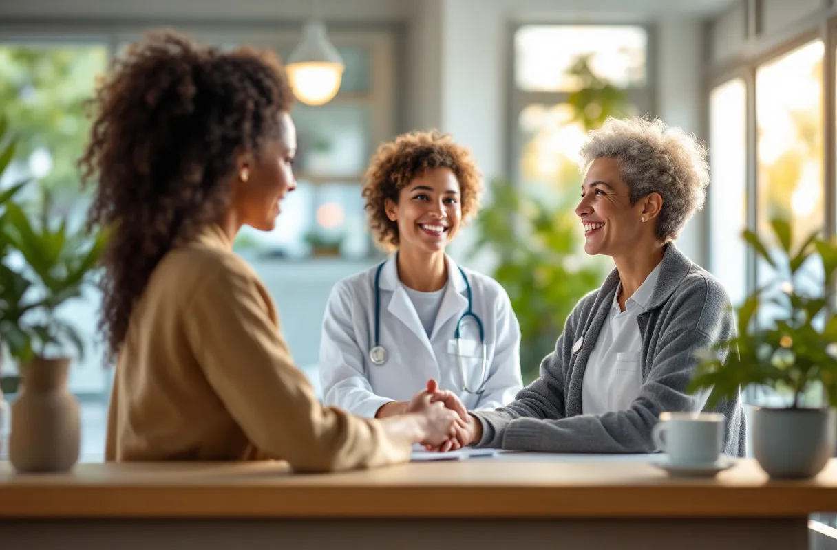 Une réceptionniste souriante accueille un patient au comptoir d'un cabinet médical