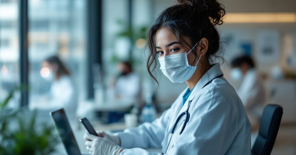 Médecin consultant son numéro RPPS sur un document officiel dans un cabinet médical moderne