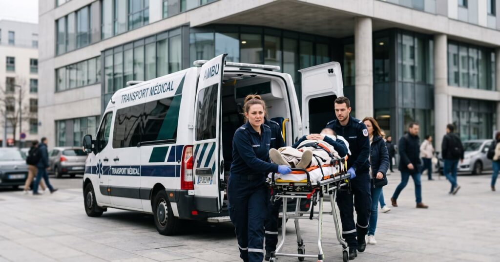 Ambulance médicalisée en service pour un transport médical de patient