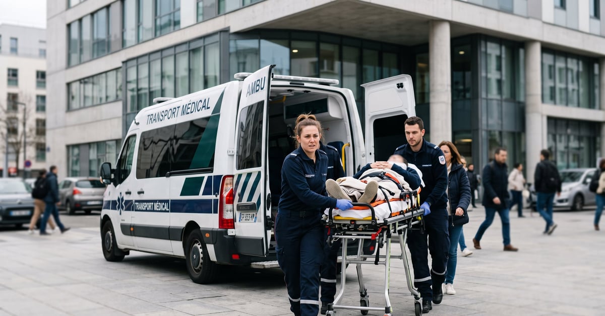 Ambulance médicalisée en service pour un transport médical de patient